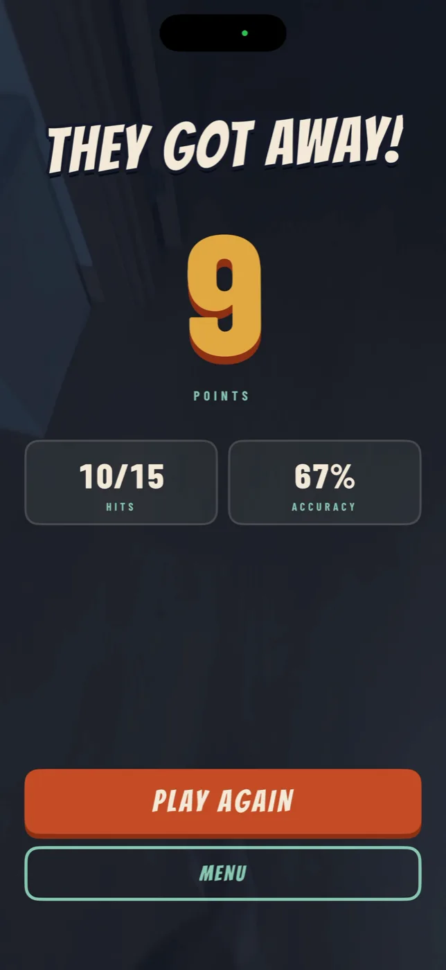 End of round card with score and accuracy